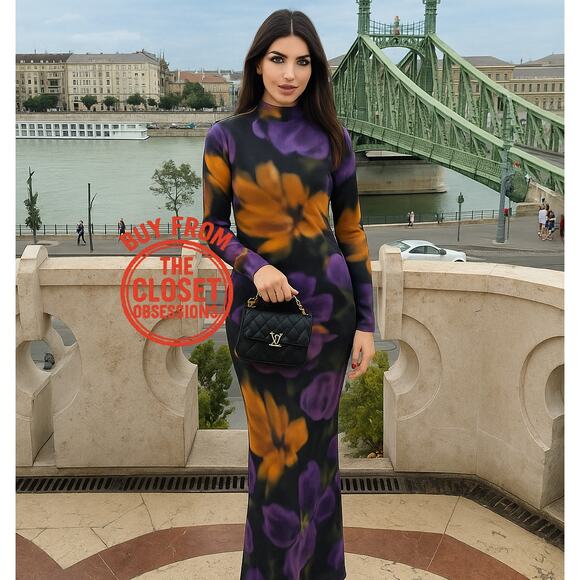 MANGO Fitted Floral Maxi Dress NWT | Multicolor High Neck Long Sleeve - Picture 4 of 16